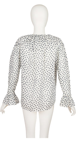 1980s Polka Dot White Cotton Gauze Ruffle Collar Blouse