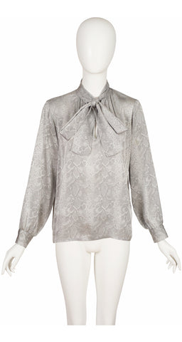 1980s Silver Snakeskin Silk Jacquard Tie-Neck Blouse