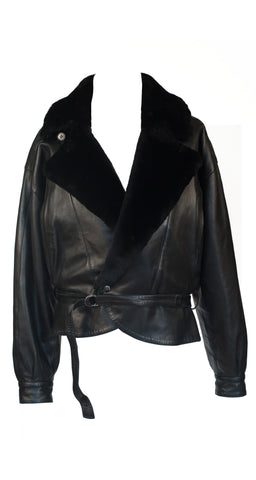 1980s Men's Black Fur Collar Leather Jacket