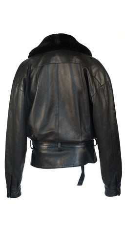 1980s Men's Black Fur Collar Leather Jacket