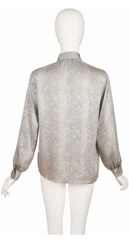 1980s Silver Snakeskin Silk Jacquard Tie-Neck Blouse