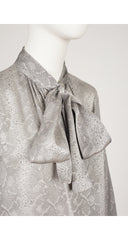 1980s Silver Snakeskin Silk Jacquard Tie-Neck Blouse