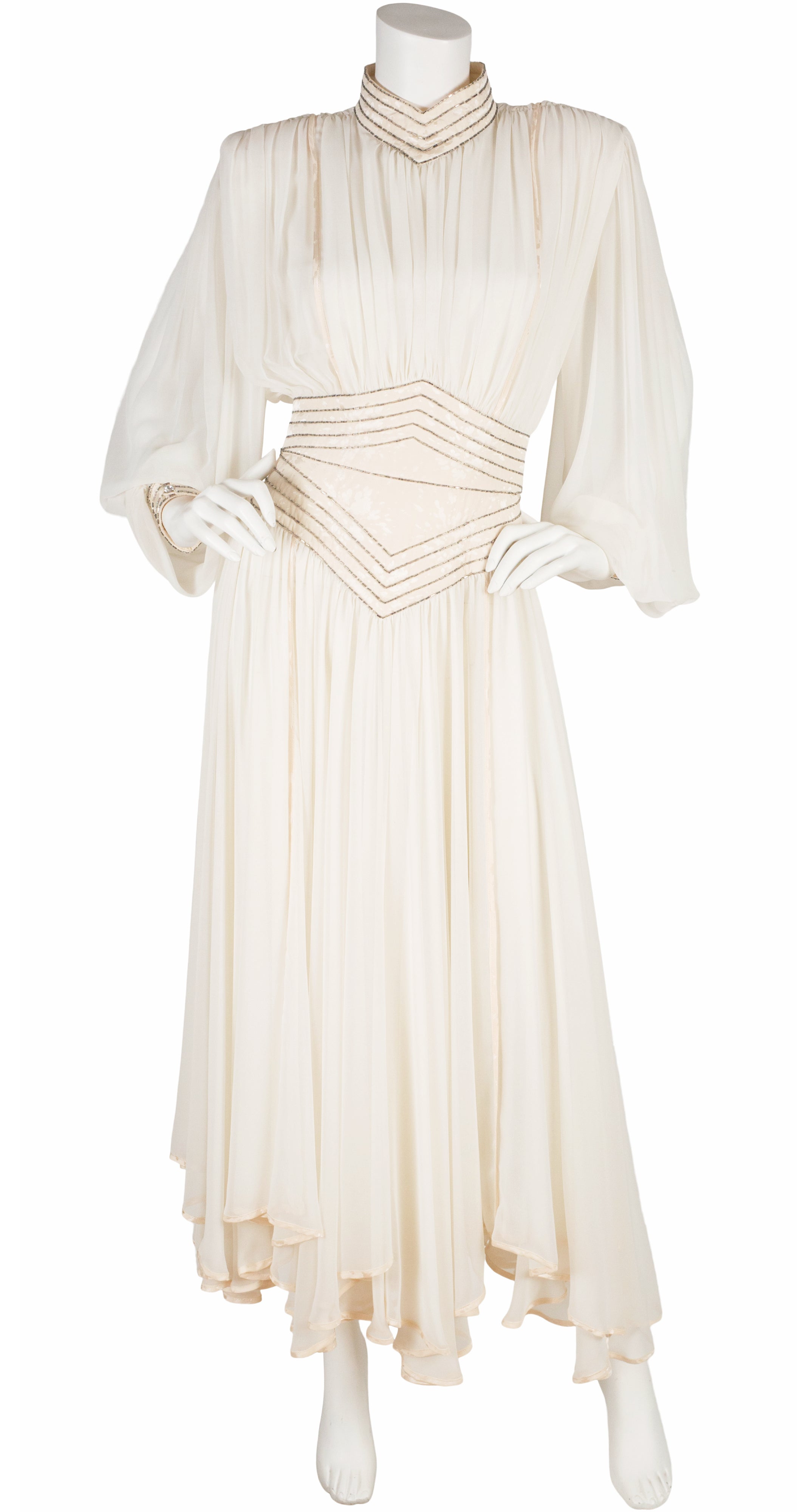 1980s Beaded White Chiffon Balloon Sleeve Evening Dress