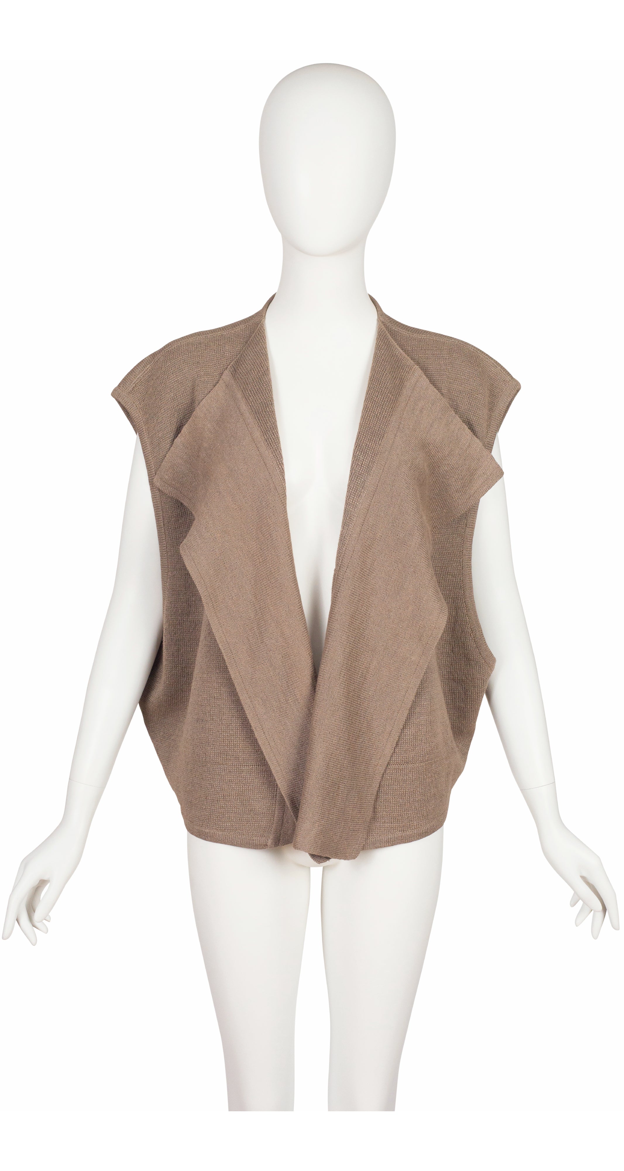 1980s Taupe Rayon Knit Open Front Vest