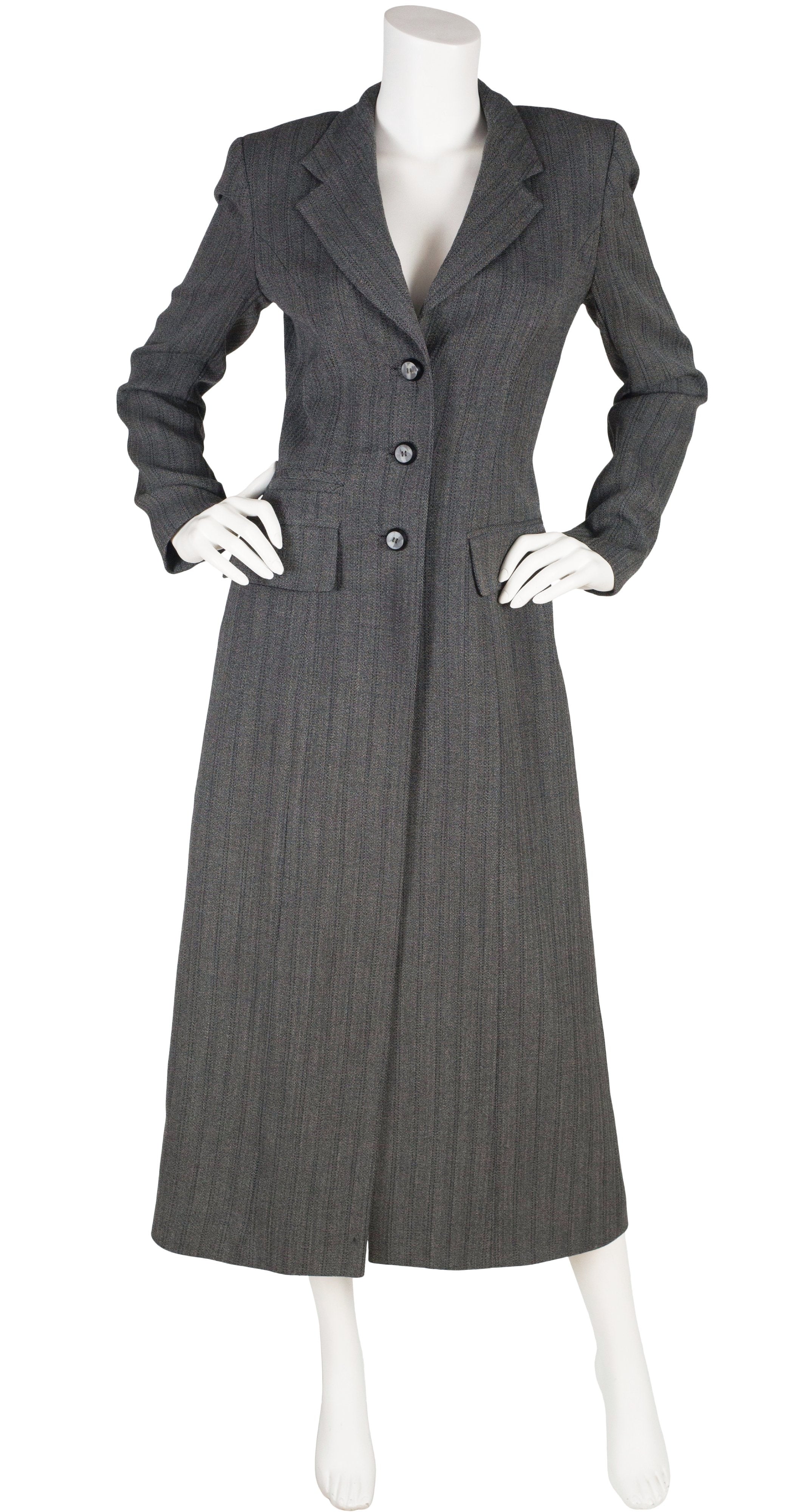 1990s Minimalist Gray Herringbone Wool Maxi Coat