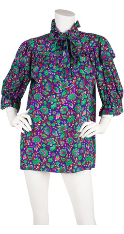 1983 S/S Floral Silk Ruffle Tie-Neck Blouse