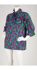 1983 S/S Floral Silk Ruffle Tie-Neck Blouse