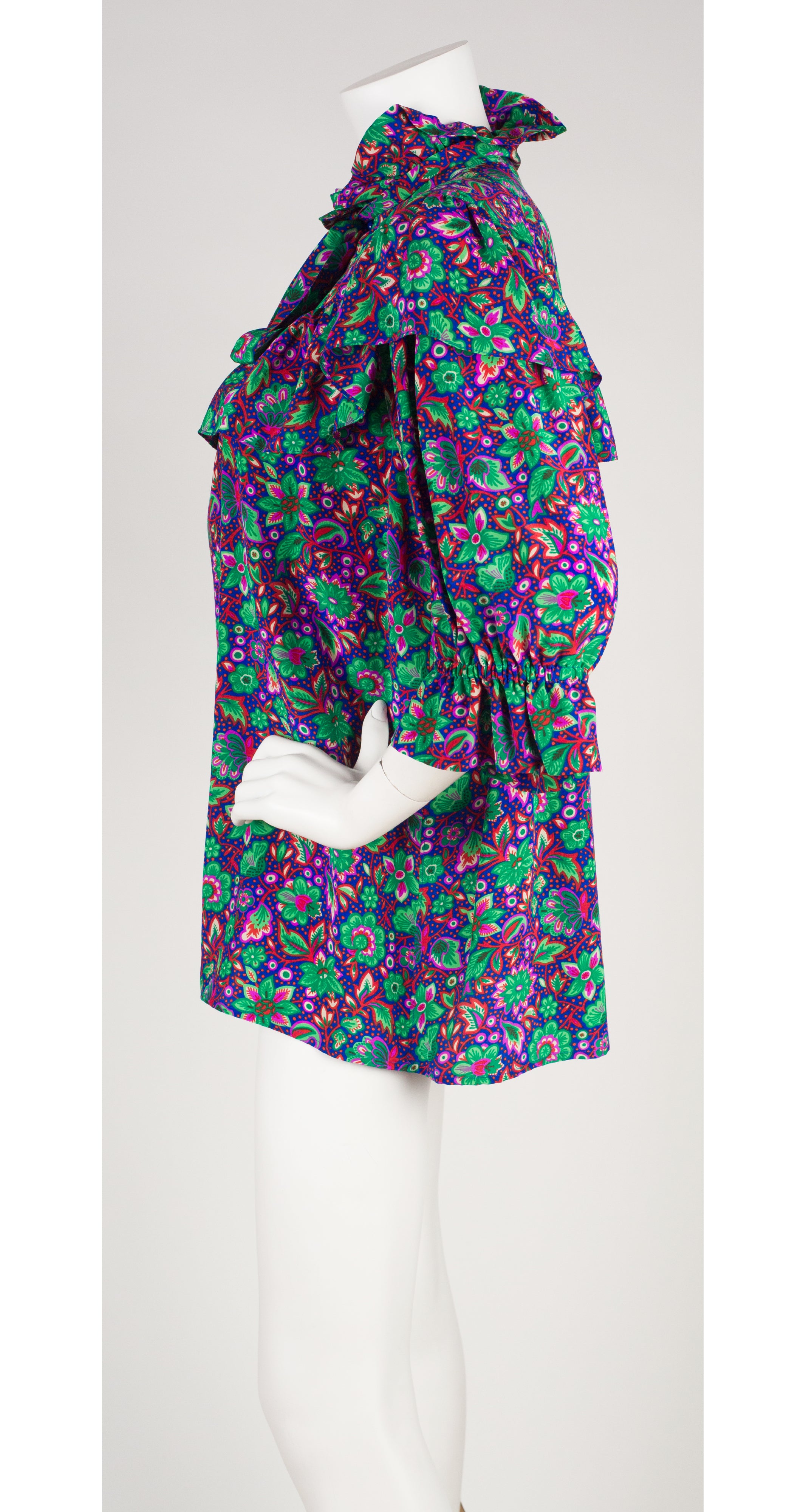 1983 S/S Floral Silk Ruffle Tie-Neck Blouse
