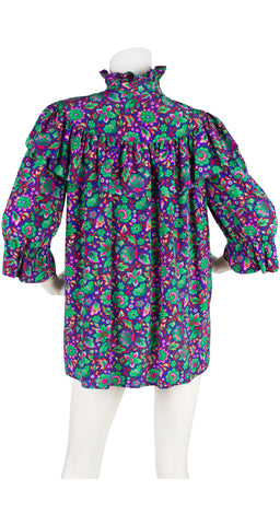 1983 S/S Floral Silk Ruffle Tie-Neck Blouse
