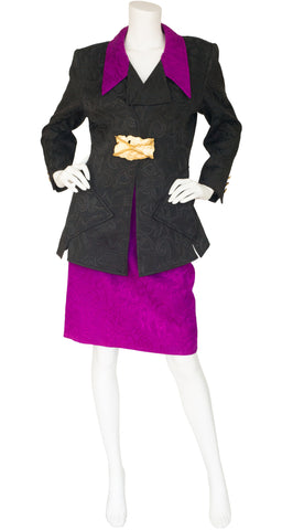 1990s Gold Buckle Magenta & Black Brocade Skirt Suit