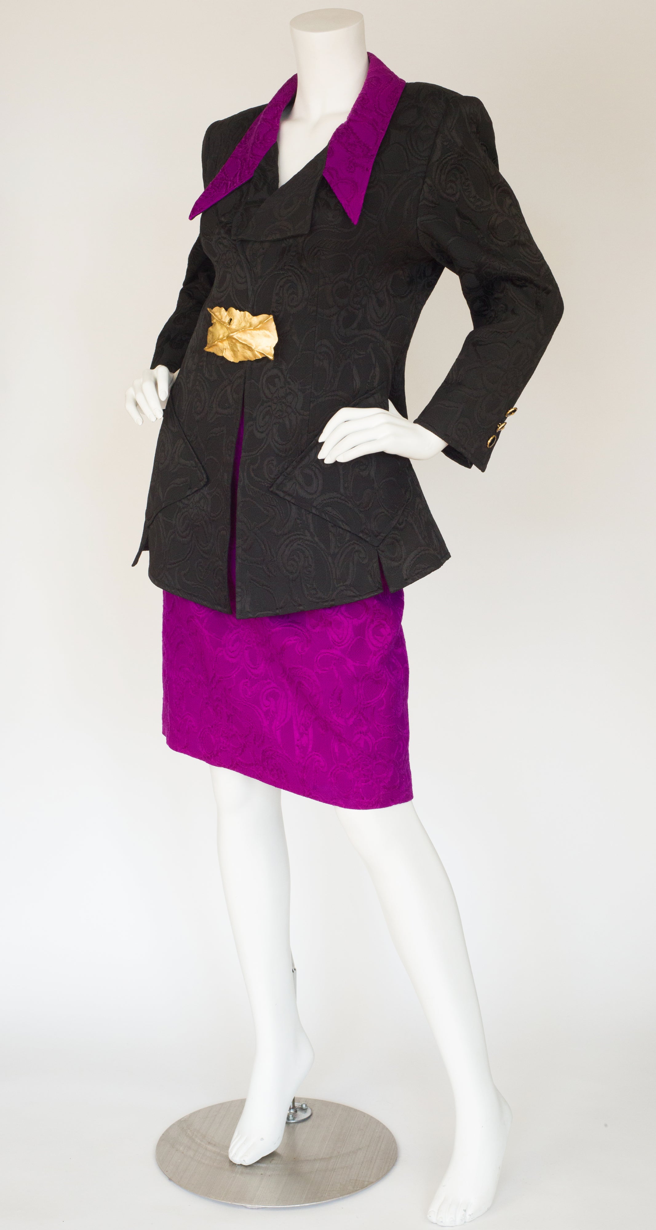 1990s Gold Buckle Magenta & Black Brocade Skirt Suit