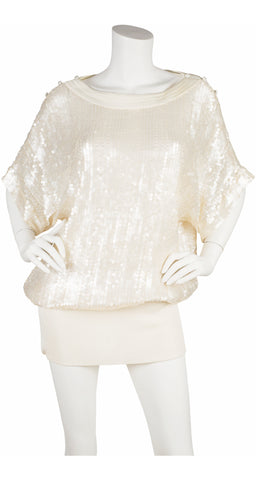 1980s Cream Sequin Silk Knit Tunic Top