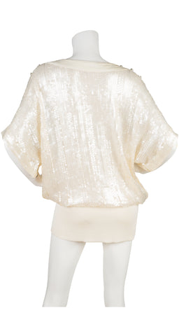 1980s Cream Sequin Silk Knit Tunic Top