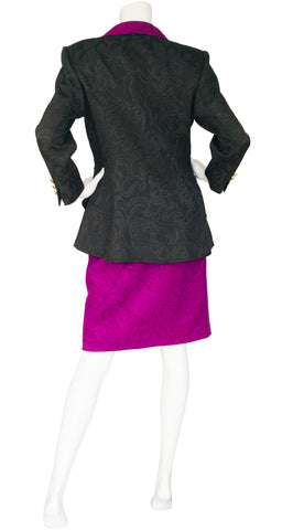1990s Gold Buckle Magenta & Black Brocade Skirt Suit