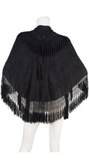 1900s Edwardian Embroidered Black Silk Tassel Piano Shawl
