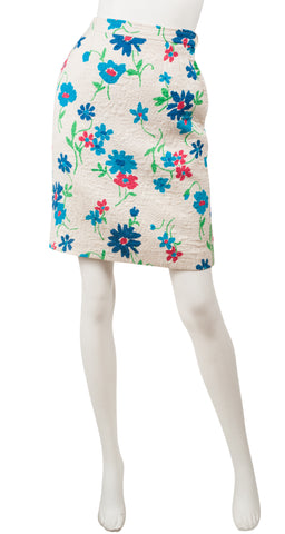 1996 S/S Floral White Quilted Cotton & Wool Pencil Skirt