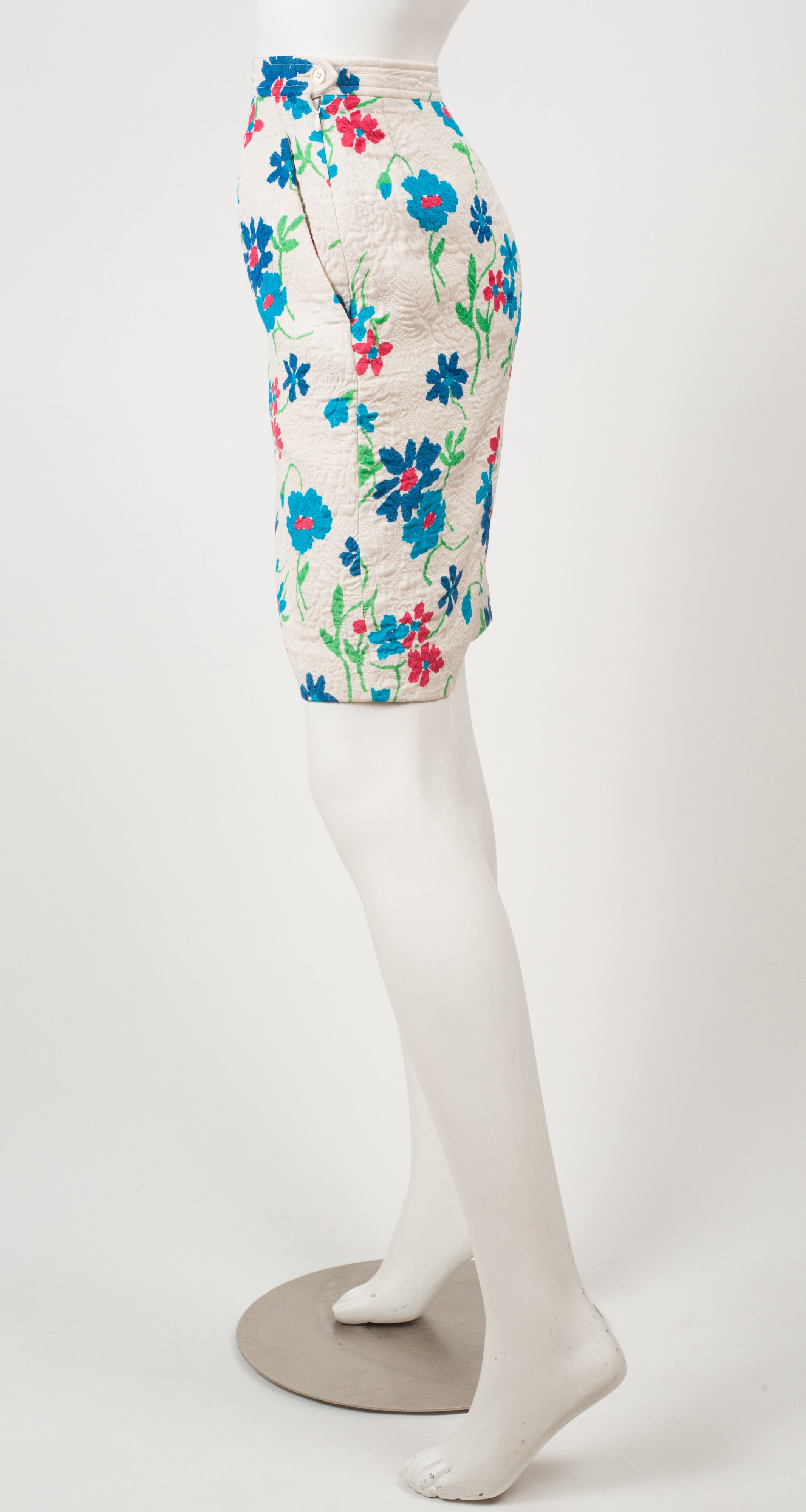 1996 S/S Floral White Quilted Cotton & Wool Pencil Skirt