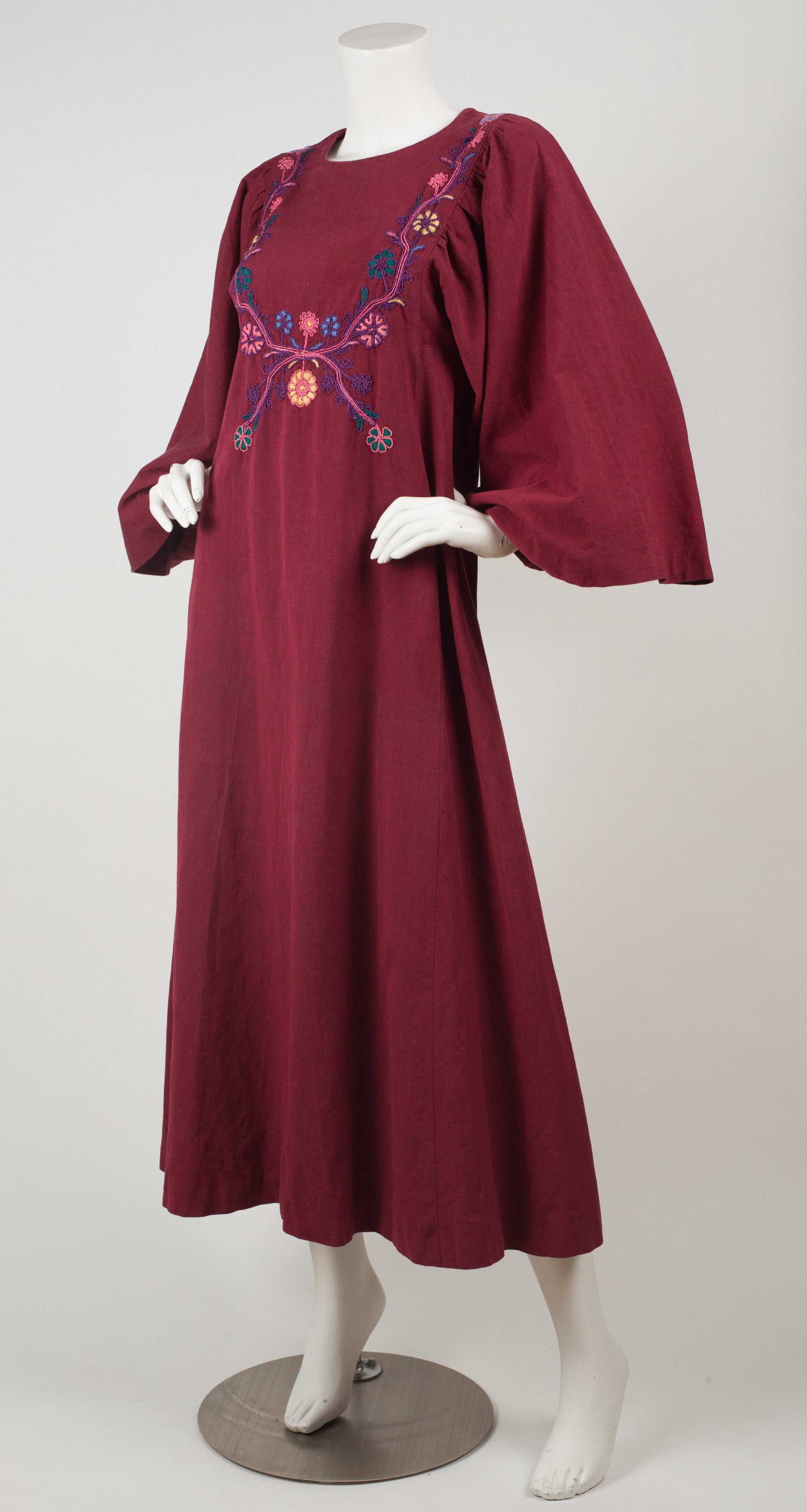 1960s Embroidered Burgundy Heavy-Weight Cotton Caftan