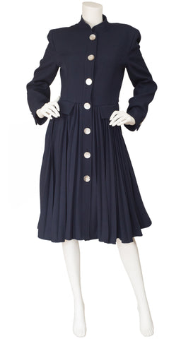 1989 F/W Runway Navy Wool Accordion Pleated Skirt Coat