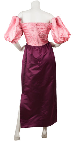 1980s Pink & Magenta Silk Satin Puff Sleeve Gown