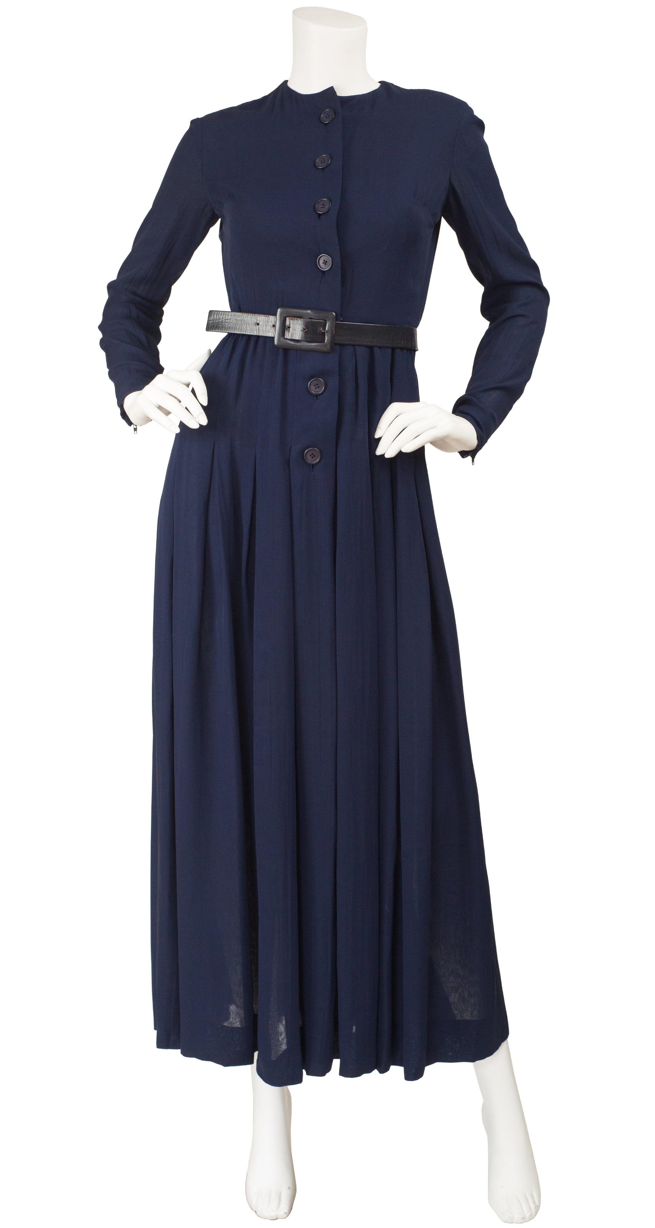 1970s Navy Silk Chiffon Collared Tuxedo Dress