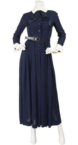 1972 Navy Silk Chiffon Collared Tuxedo Dress