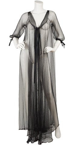 1950s Ethereal Black Net Lace & Velvet Bow Peignoir