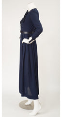 1970s Navy Silk Chiffon Collared Tuxedo Dress