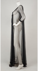 1950s Ethereal Black Net Lace & Velvet Bow Peignoir