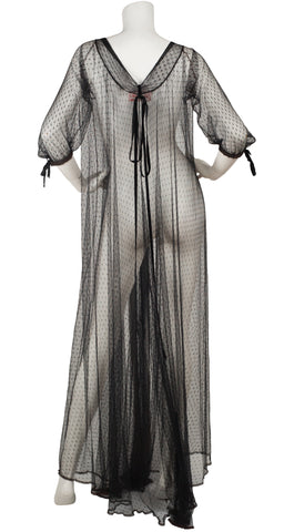 1950s Ethereal Black Net Lace & Velvet Bow Peignoir