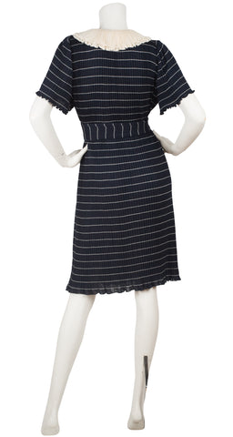 1970s Miss V Ruffle Collar Striped Navy Sweater Dress