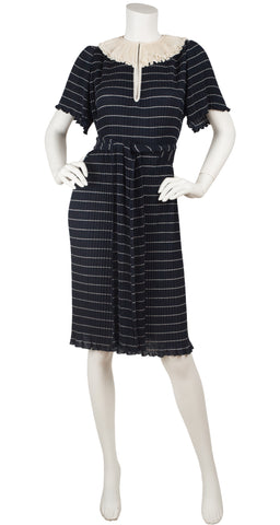 1970s Miss V Ruffle Collar Striped Navy Sweater Dress