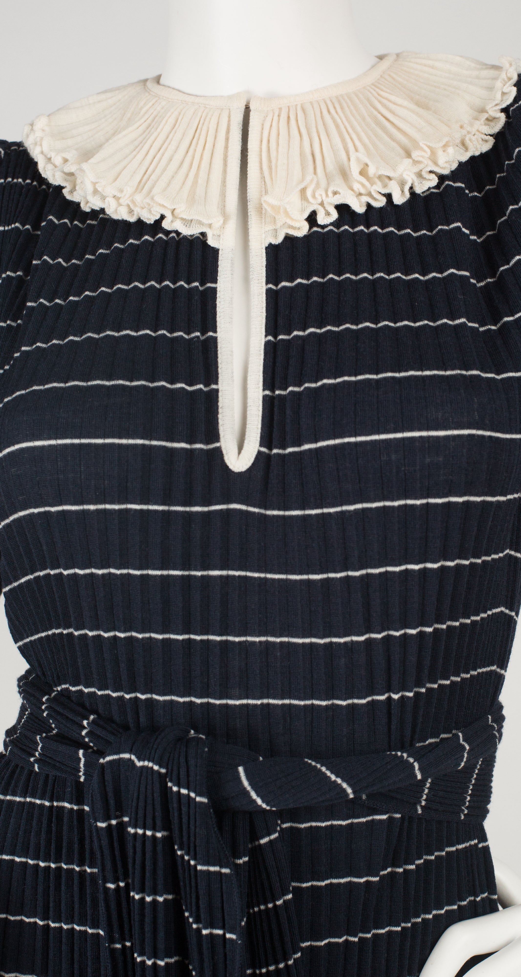 1970s Miss V Ruffle Collar Striped Navy Sweater Dress