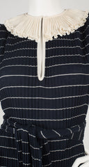 1970s Miss V Ruffle Collar Striped Navy Sweater Dress