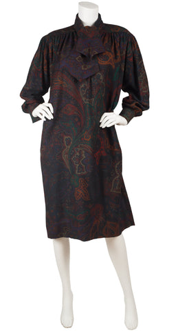 1980s Paisley Wool Ascot Tie Sack Dress