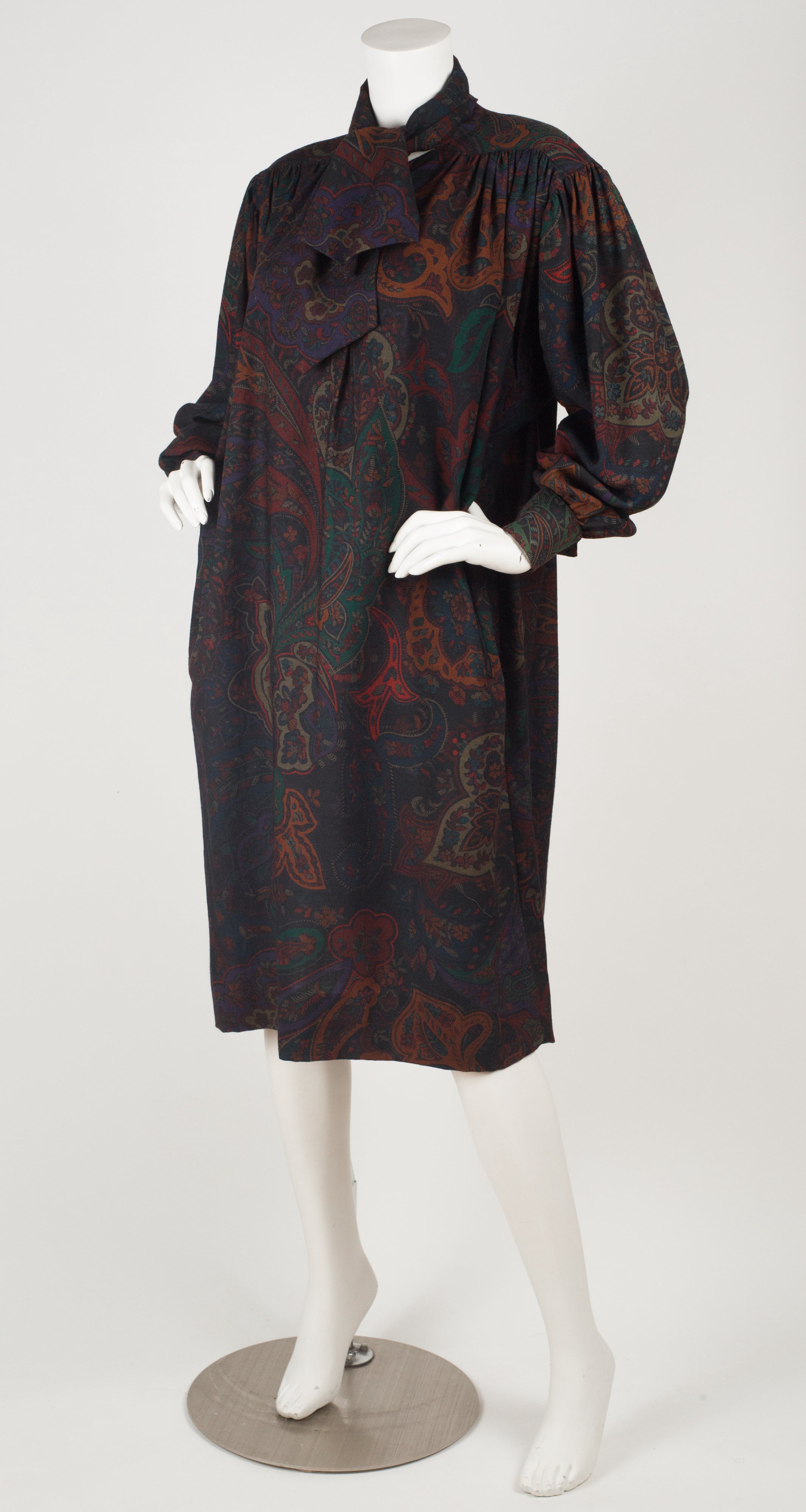 1980s Paisley Wool Ascot Tie Sack Dress