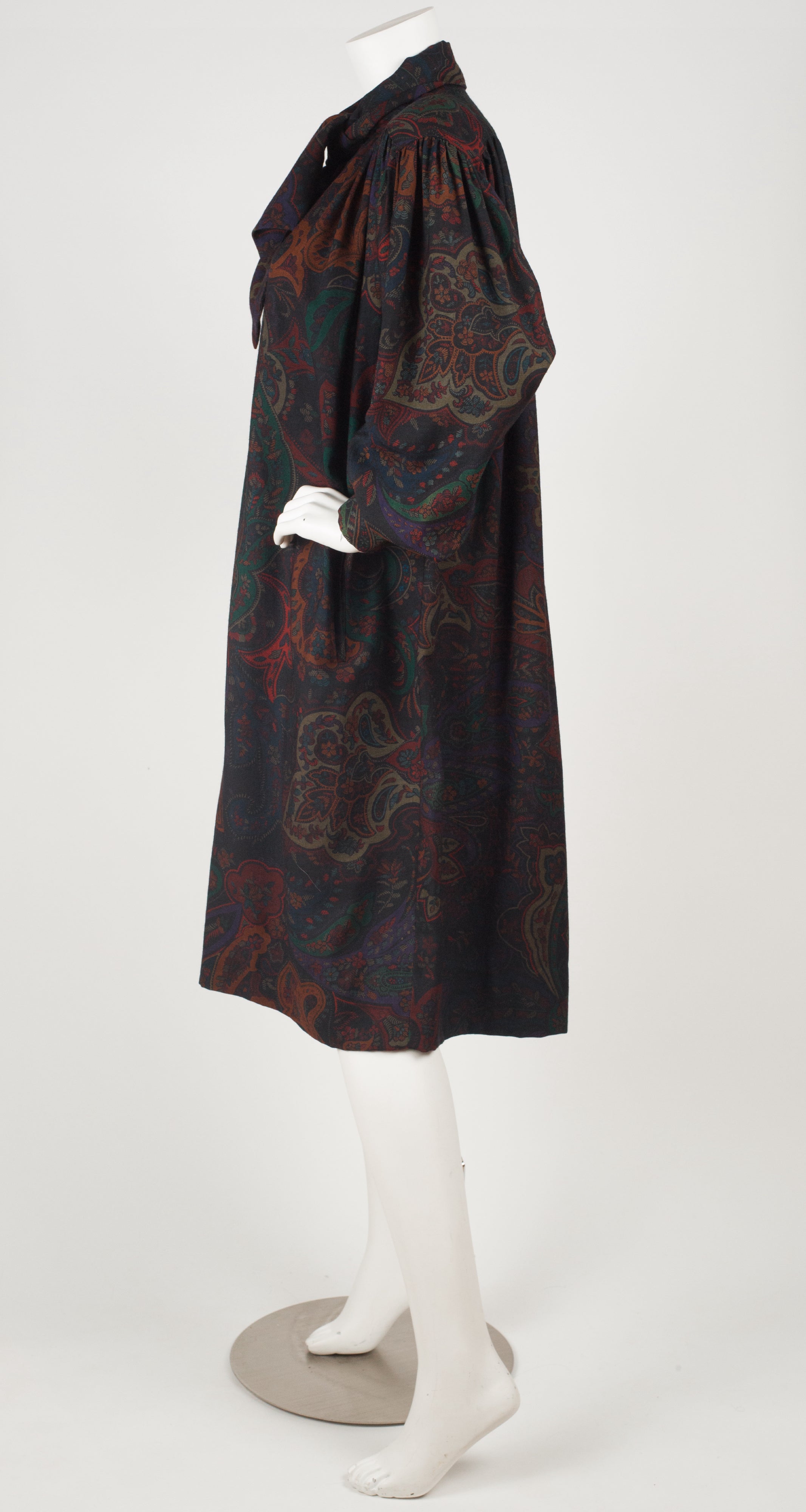 1980s Paisley Wool Ascot Tie Sack Dress
