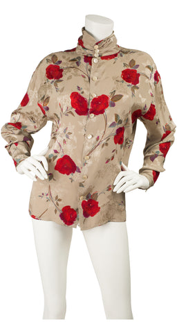 1980s Rose Print Jacquard Silk Dolman Sleeve Blouse