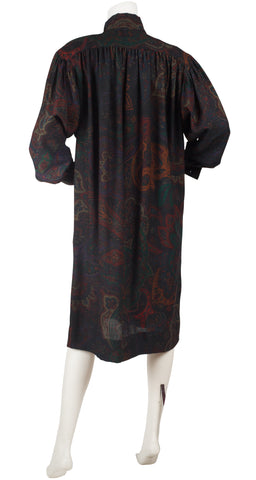 1980s Paisley Wool Ascot Tie Sack Dress