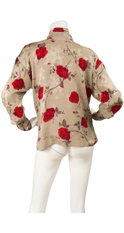 1980s Rose Print Jacquard Silk Dolman Sleeve Blouse