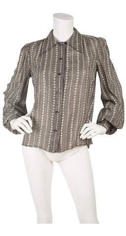1970s Floral Silver & Gold Lurex Balloon Sleeve Blouse
