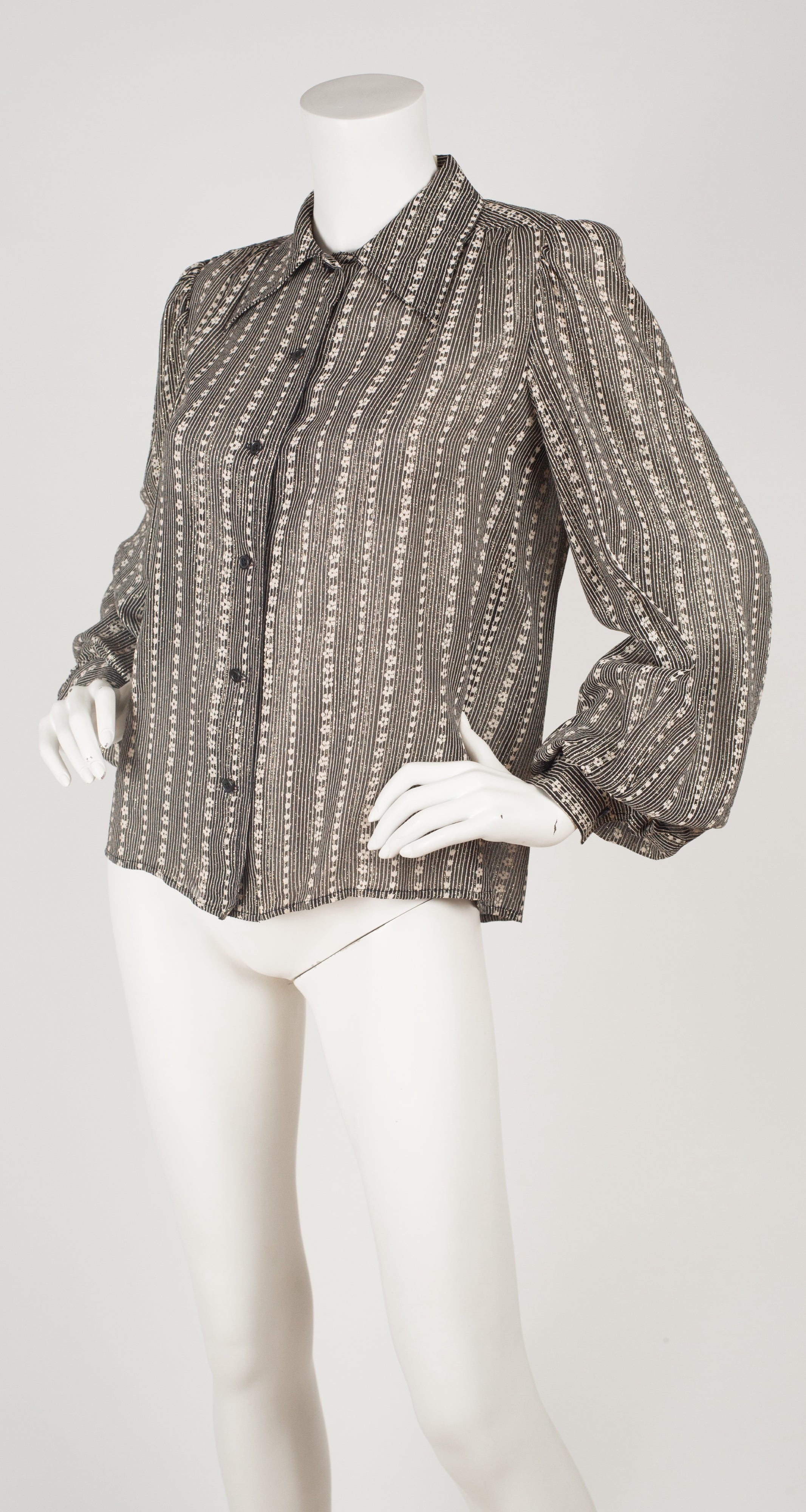 1970s Floral Silver & Gold Lurex Balloon Sleeve Blouse