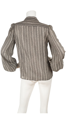 1970s Floral Silver & Gold Lurex Balloon Sleeve Blouse