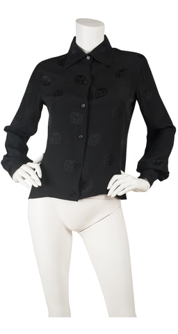 1970s Logo Black Silk Jacquard Collared Blouse