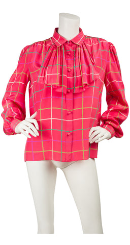 1980s Pink Plaid Accordion Pleat Jabot Blouse
