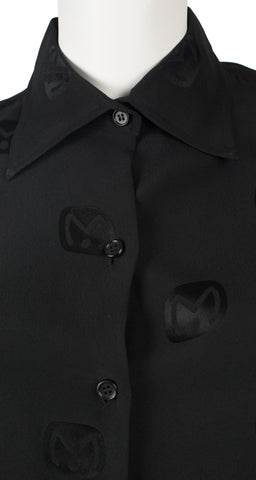 1970s Logo Black Silk Jacquard Collared Blouse