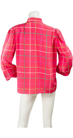 1980s Pink Plaid Accordion Pleat Jabot Blouse