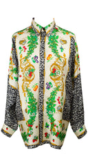 1990s Men's Barocco Butterfly & Fruit Print Silk Twill Shirt