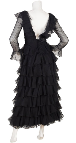 1970s Black Polka-Dot Tiered Ruffle Gown