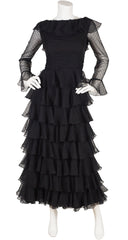 1970s Black Polka-Dot Tiered Ruffle Gown